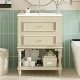 Loheer - 24 inch bathroom vanity with ceramic sink, Retro Cabinet with Open Shelf - Beige