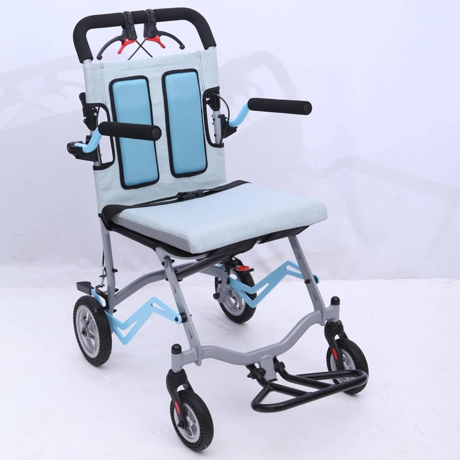 Front. Acekool - Ultra Lightweight Portable Folding Transport Wheelchair with Locking Handbrake - Grey+Blue.