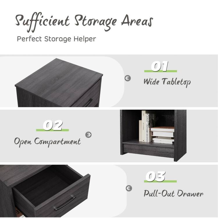 Sufficient Storage Areas  
Perfect Storage Helper  

01 Wide Tabletop  

02 Open Compartment  

03 Pull-Out Drawer