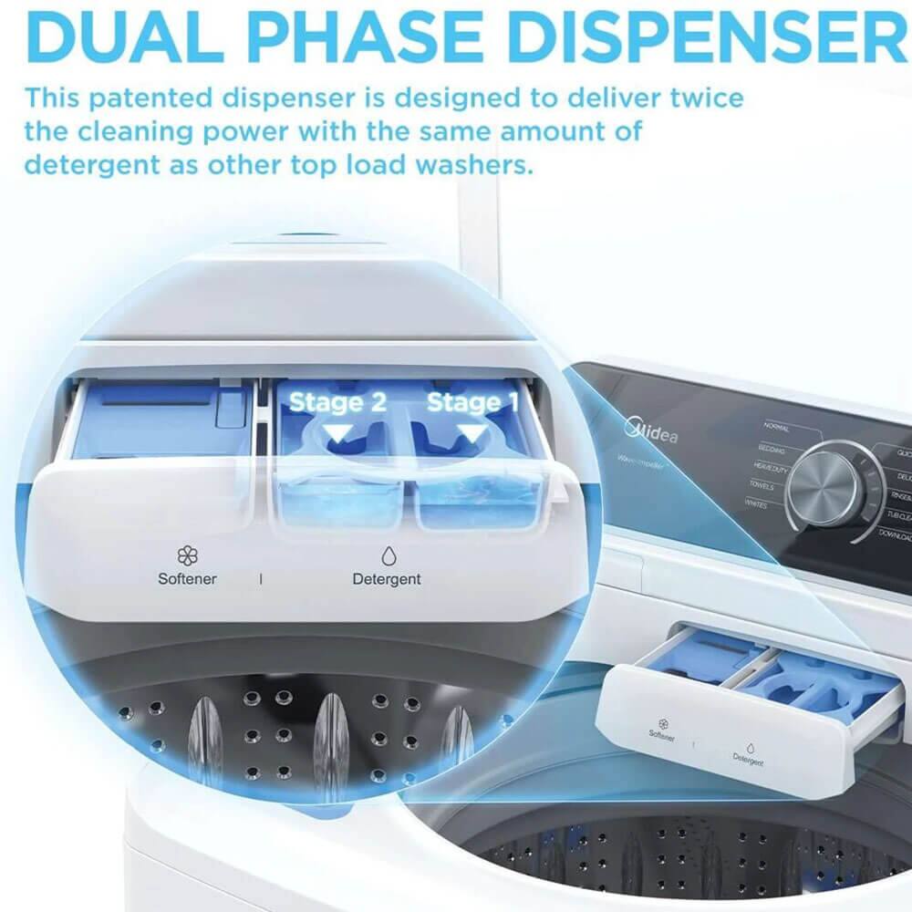 DUAL PHASE DISPENSER

This patented dispenser is designed to deliver twice the cleaning power with the same amount of detergent as other top load washers.

Stage 2  Stage 1

Softener  Detergent