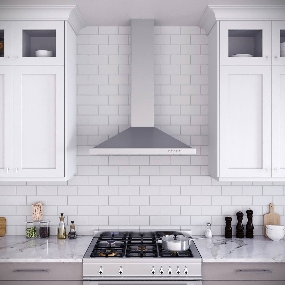 Left. Streamline - 36 in. Vicolo Ductless Wall Mount 220 CFM Range Hood, Baffle Filters, Push Button Control, LED Light - Brushed Stainless Steel.