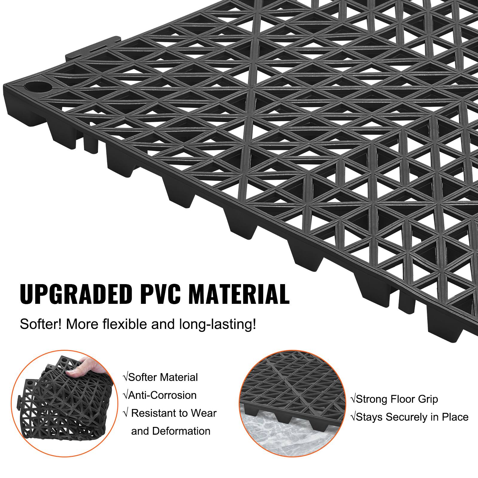 UPGRADED PVC MATERIAL
Softer! More flexible and long-lasting!

✓ Softer Material
✓ Anti-Corrosion
✓ Resistant to Wear and Deformation
✓ Strong Floor Grip
✓ Stays Securely in Place