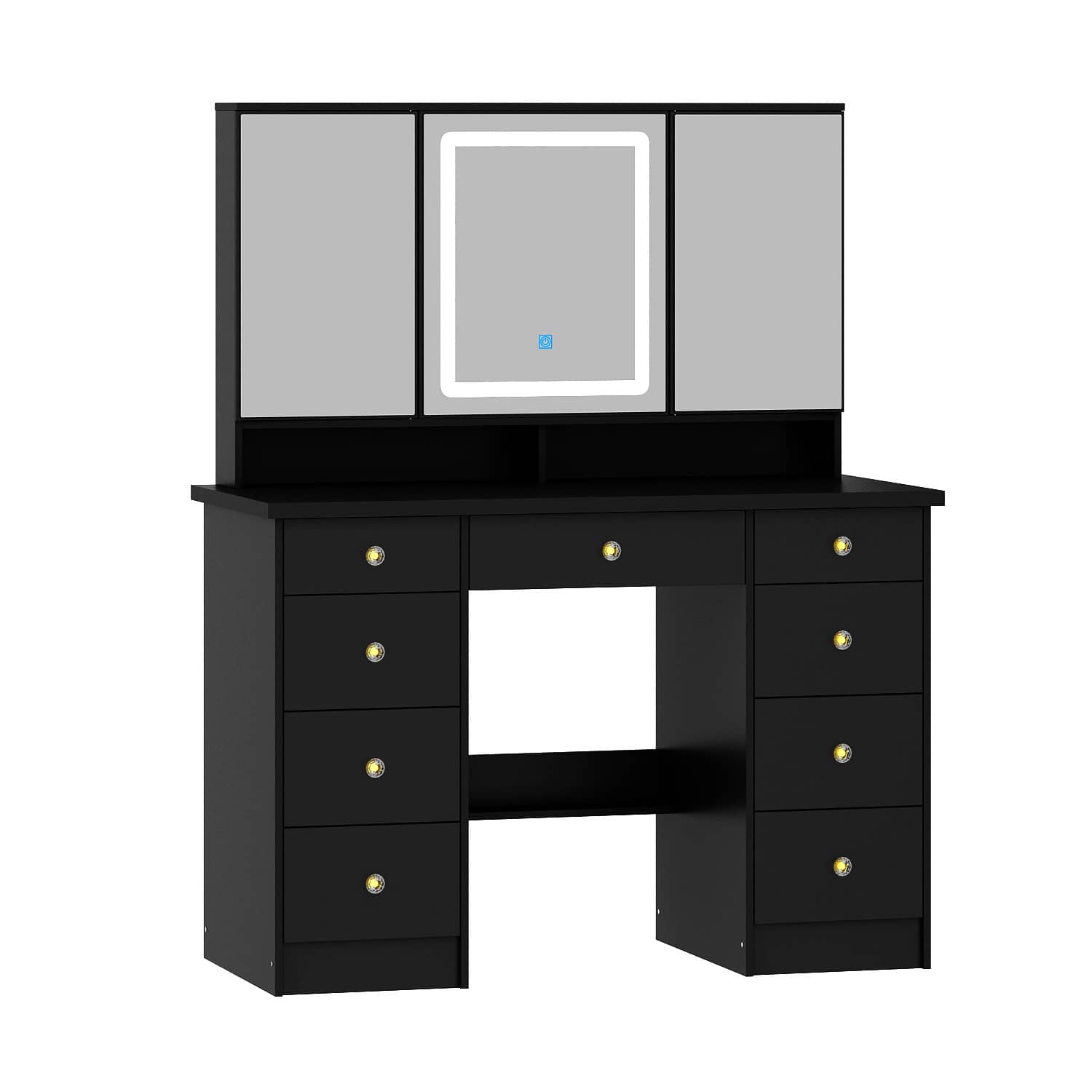Famapy - LED Vanity SetSilent Glide Drawers 3-Color Dimmable Mirror Jewelry Organizer & Tri-Fold Glass Modern Dressing Table - Black