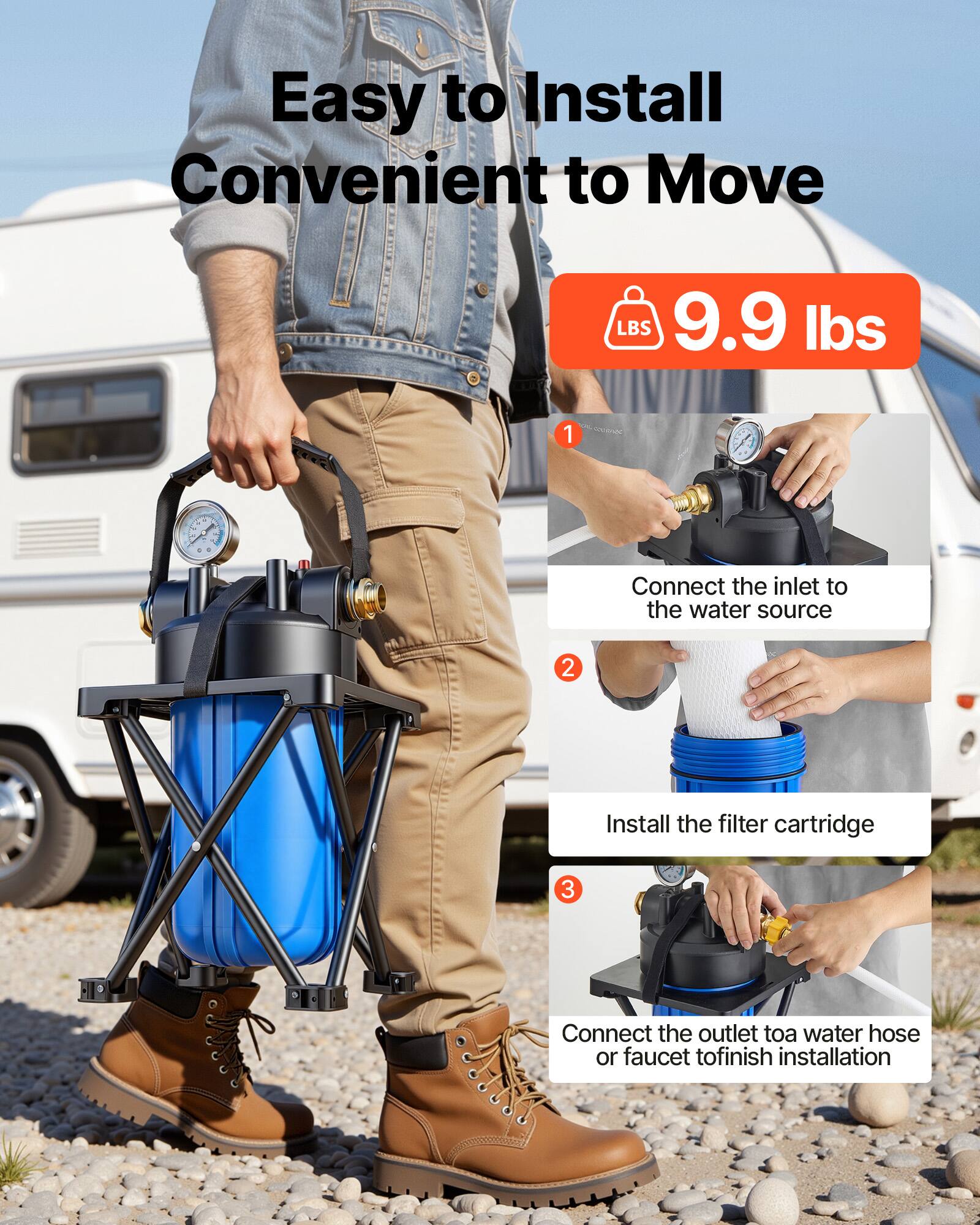 Easy to Install Convenient to Move  
LBS 9.9 lbs  
1. Connect the inlet to the water source  
2. Install the filter cartridge  
3. Connect the outlet to a water hose or faucet to finish installation