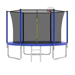 HTUTWOO - 10FT Trampoline for Kids - Basketball Hoop and Ladder, Outdoor Kids Trampoline with Enclosure,Fast Assembly for Backyard - Blue