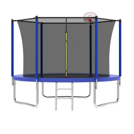 Front. HTUTWOO - 10FT Trampoline for Kids - Basketball Hoop and Ladder, Outdoor Kids Trampoline with Enclosure,Fast Assembly for Backyard - Blue.