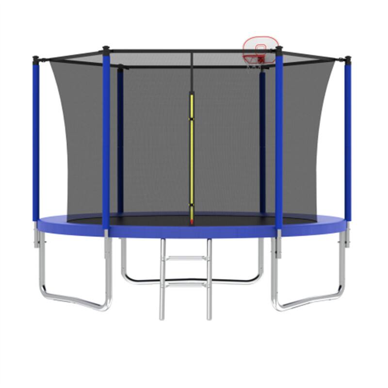 Front. HTUTWOO - 10FT Trampoline for Kids - Basketball Hoop and Ladder, Outdoor Kids Trampoline with Enclosure,Fast Assembly for Backyard - Blue.