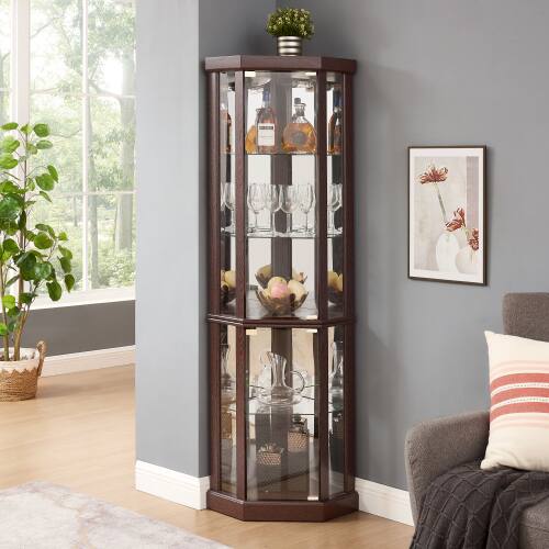 Angle. LUCKY ONE - Freestanding Corner Lighted Curio Cabinet with Glass Shelves Display Case for Wine Bar Collectibles - Cherry.