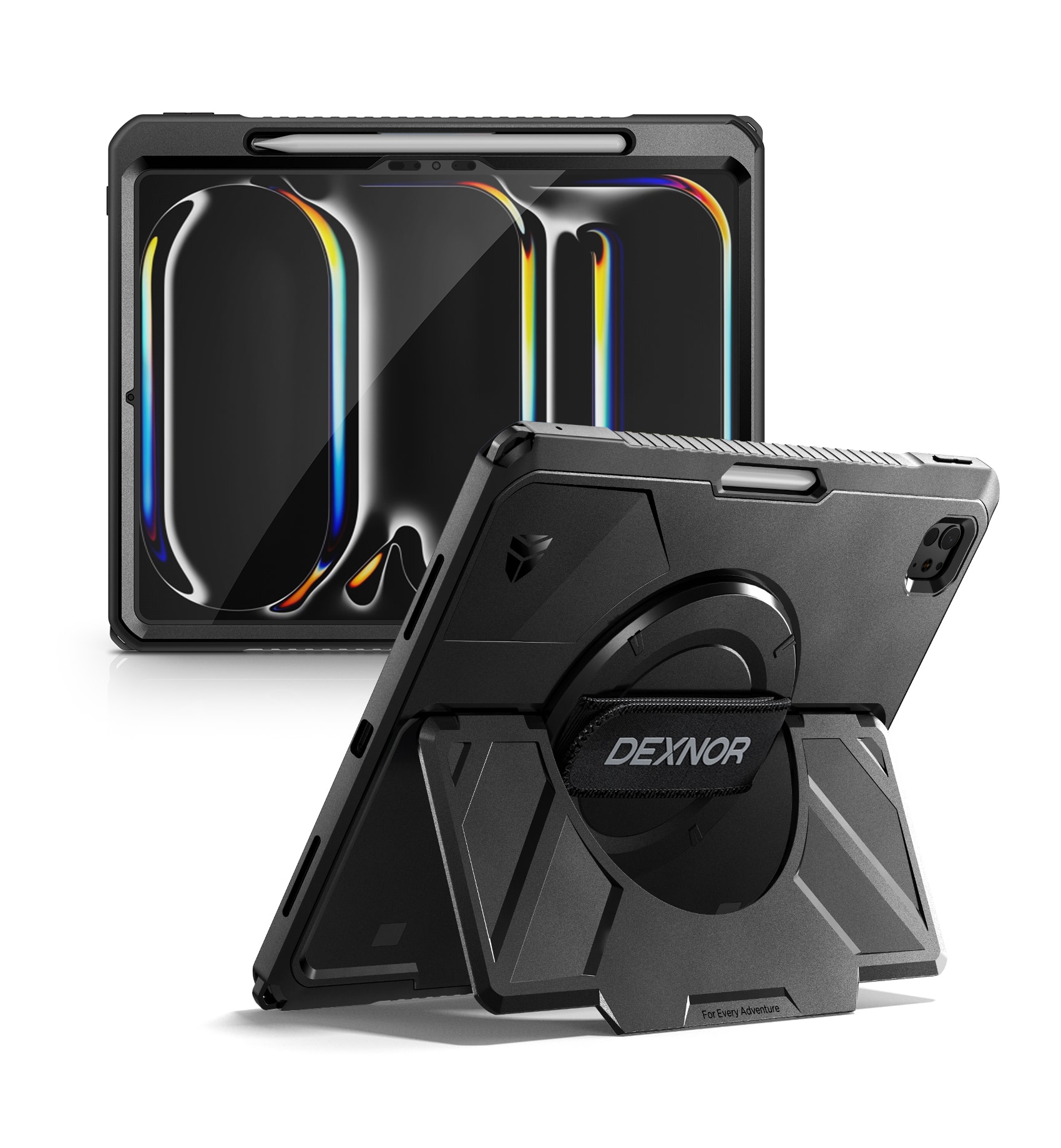 Dexnor - Rugged Case for iPad Pro 13 inch M5 2025/M4 2024 with 360° Rotating Hand Strap, Screen Protector, Pencil Holder - Black