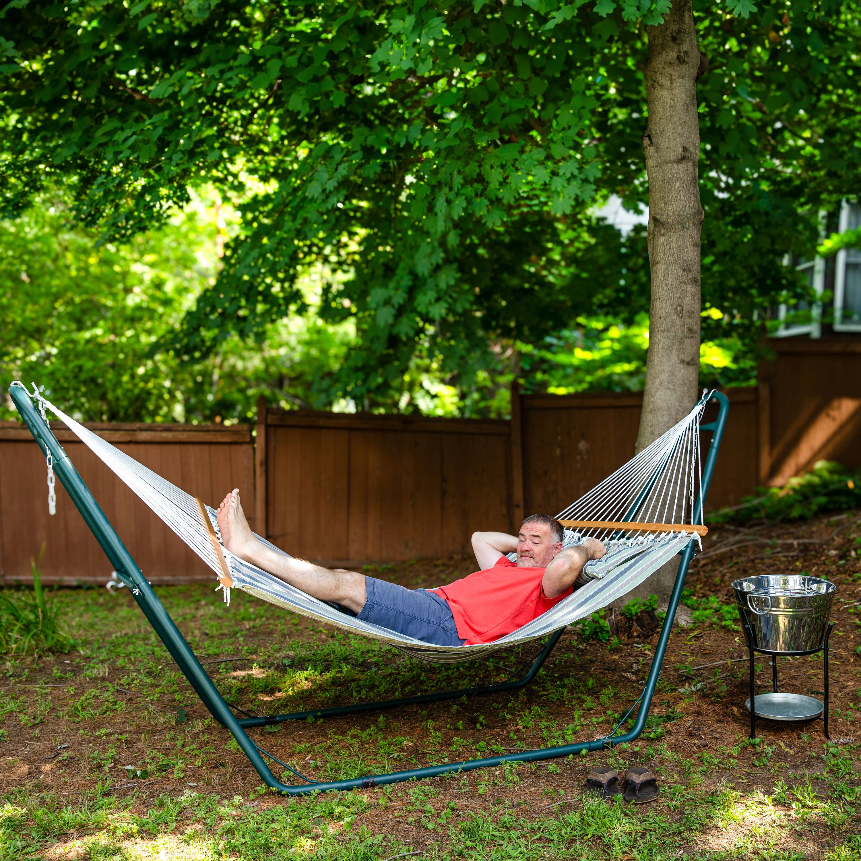 Alt View 8. Sunnydaze - Large Quilted Hammock with Spreader Bar and Pillow - Khaki Stripe.