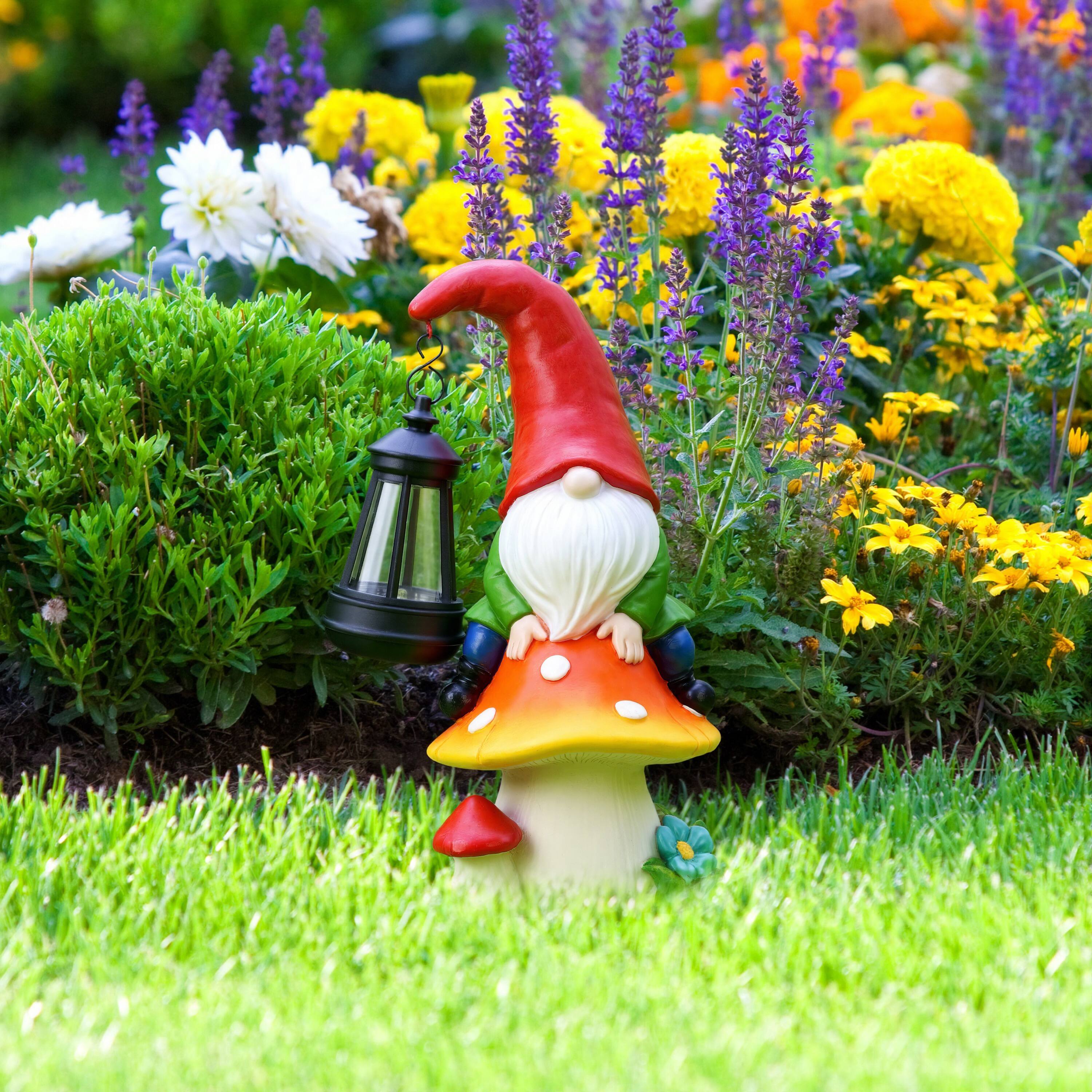 Angle. Techko - Pip Mushcap Outdoor Solar Gnome Statue with Integrated LED Lantern.