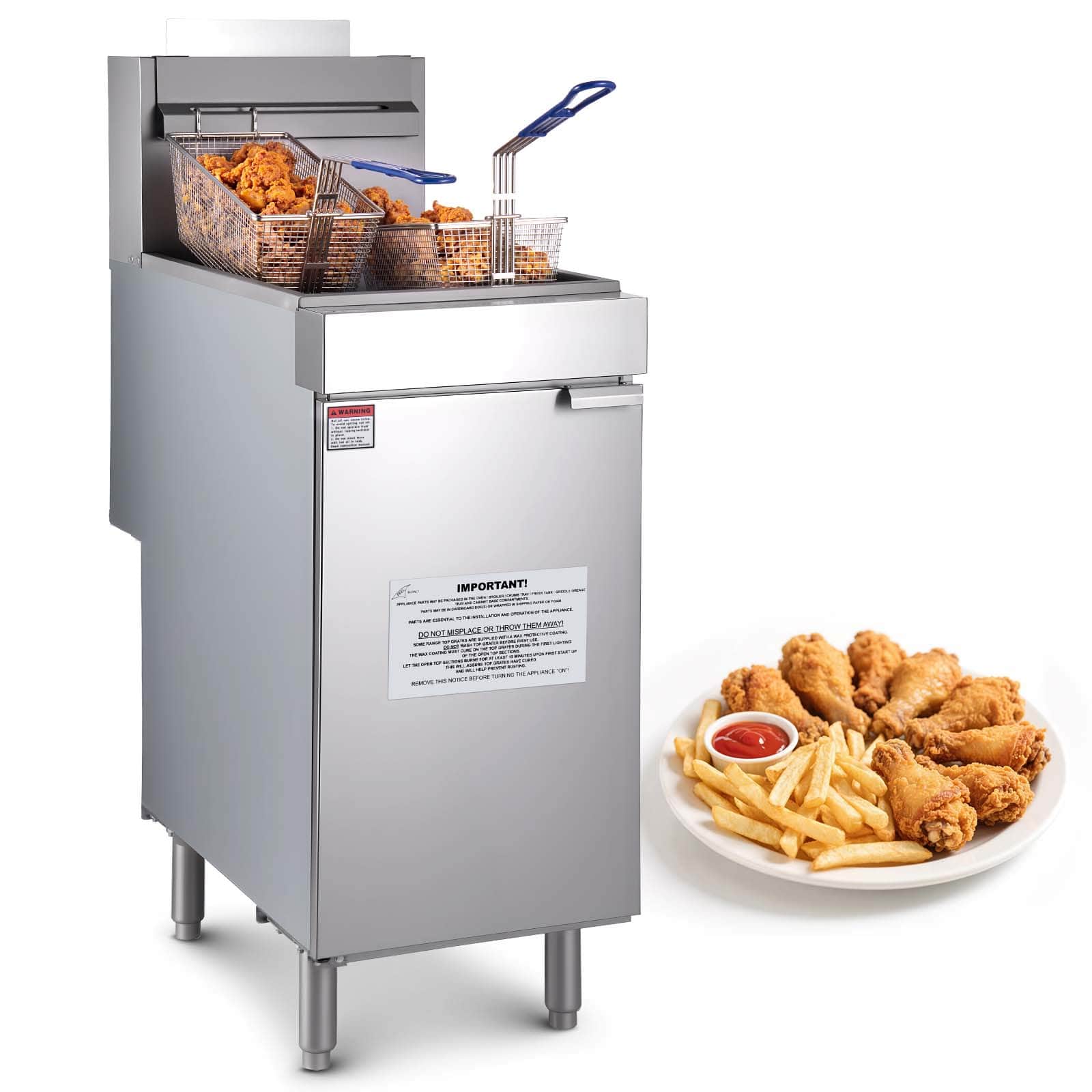 VEVOR - Commercial Deep Fryer,3-Burner Fryer for Restaurants,Stainless Steel Floor Standing Deep Fryers,40lbs Capacity,90,000BTU - Silver