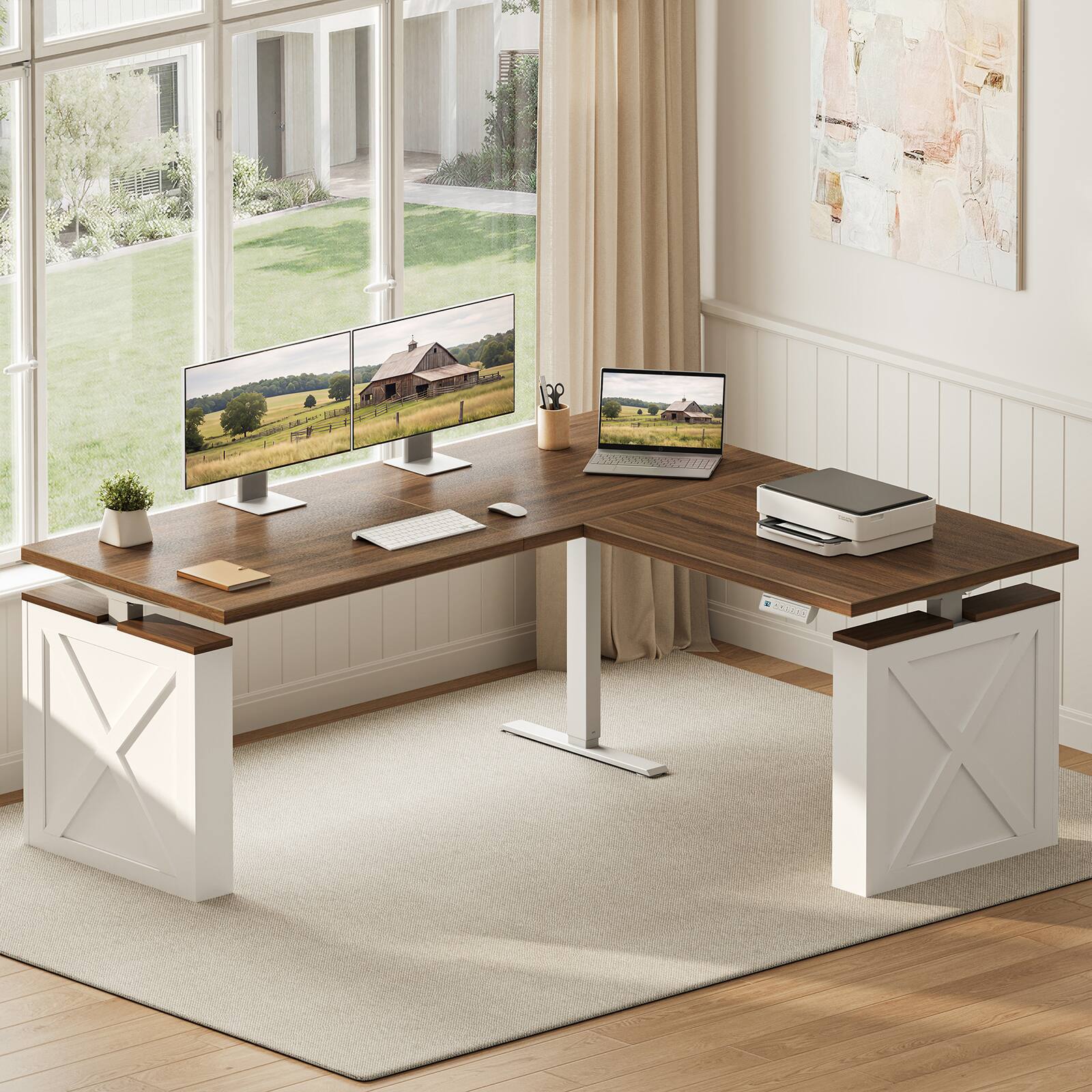 Angle. OffiGo - Farmhouse L-Shaped Electric Standing Desk with Decorative Legs, Height Adjustable Sit-Stand Workstation for Home Office - Walnut/White.
