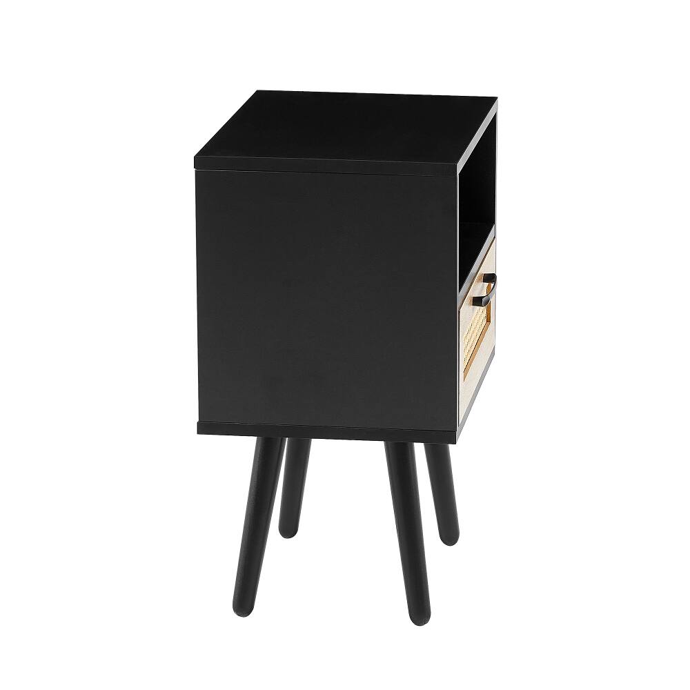 Alt View 6. Loheer - Loheer Black Rattan End Table Modern Nightstand with Drawer - Black.
