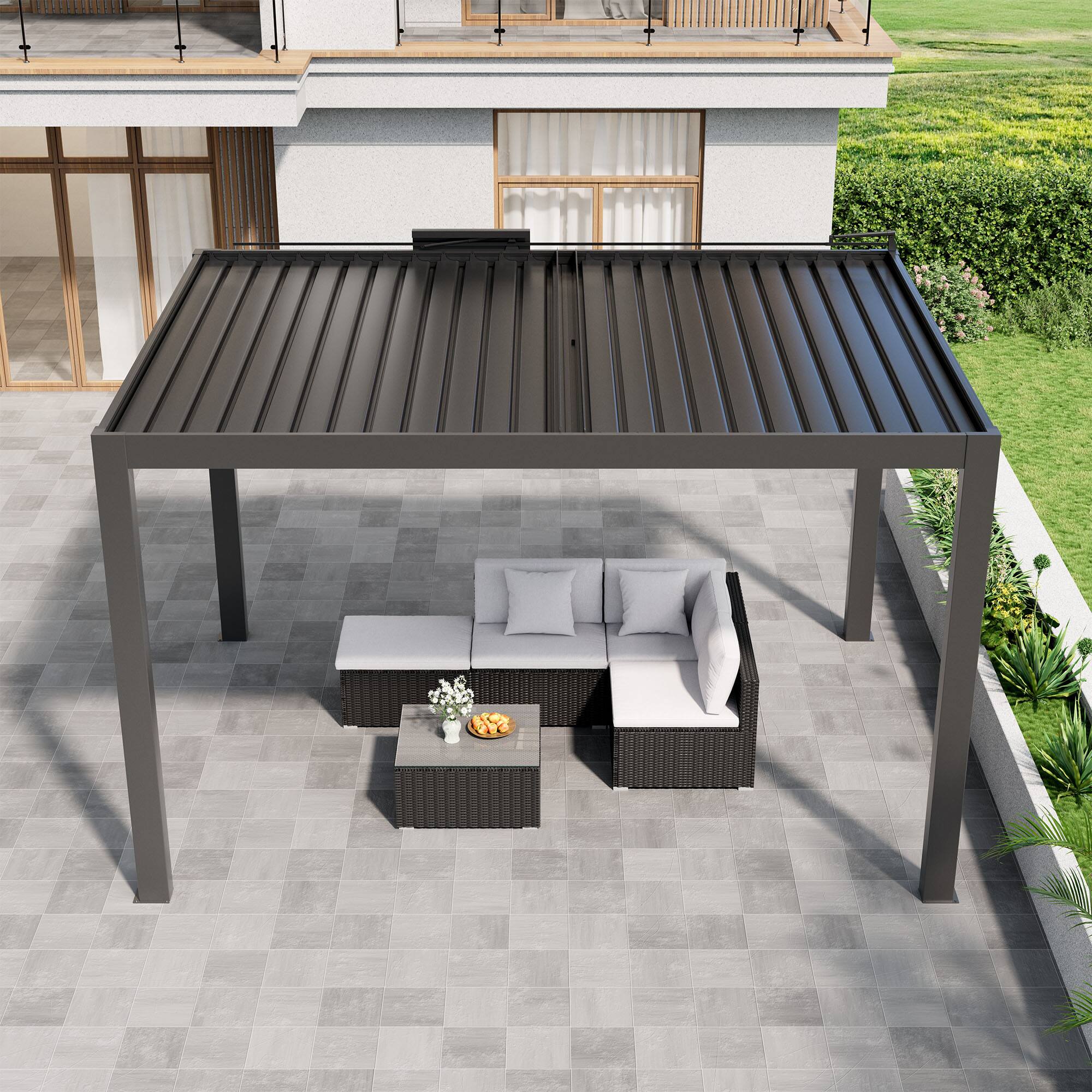 Left. Mondawe - 10ft x 14ft Solar-Powered Aluminum Pergola with Adjustable Louvers and Hidden Drainage System - Grey.