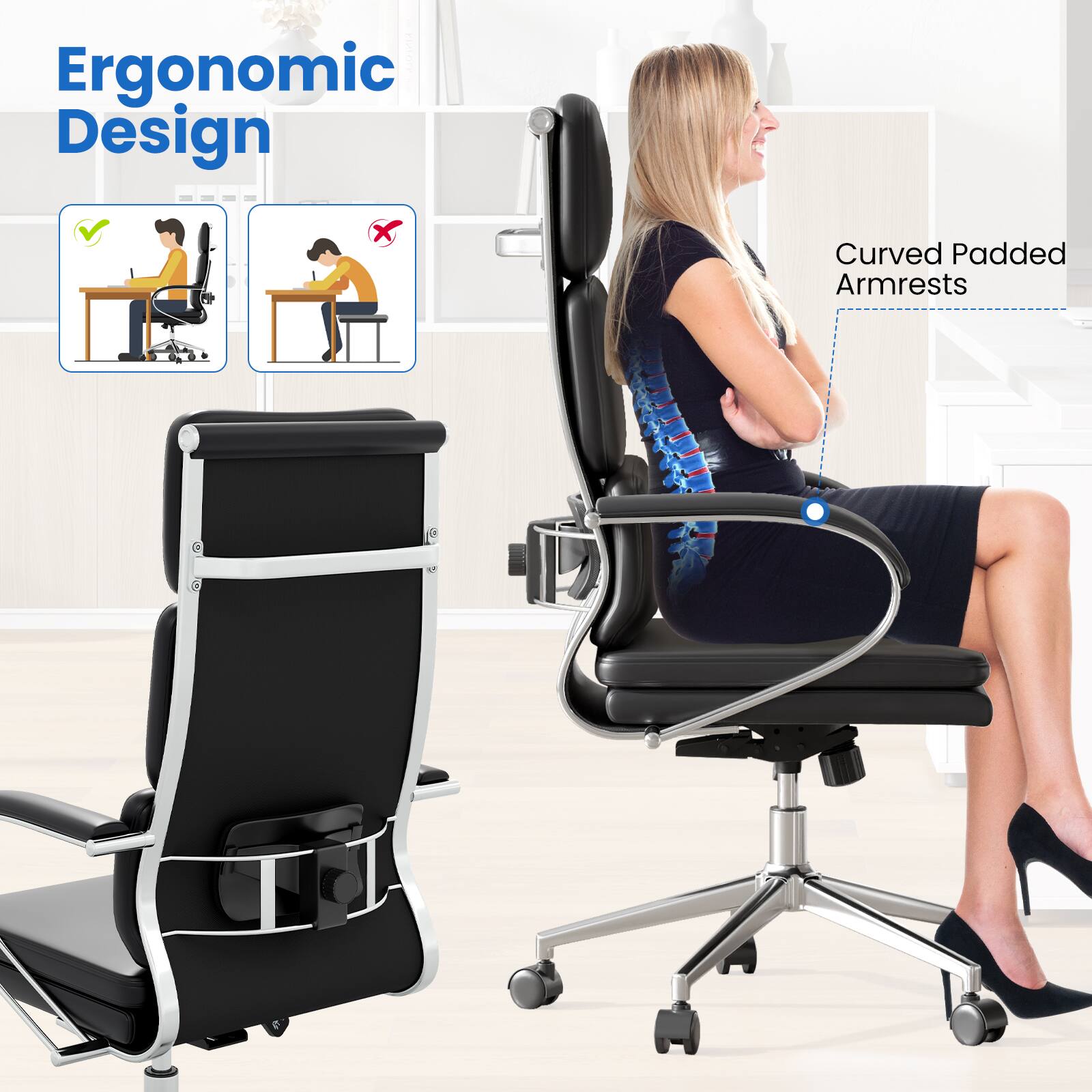 Ergonomic Design, Curved Padded Armrests