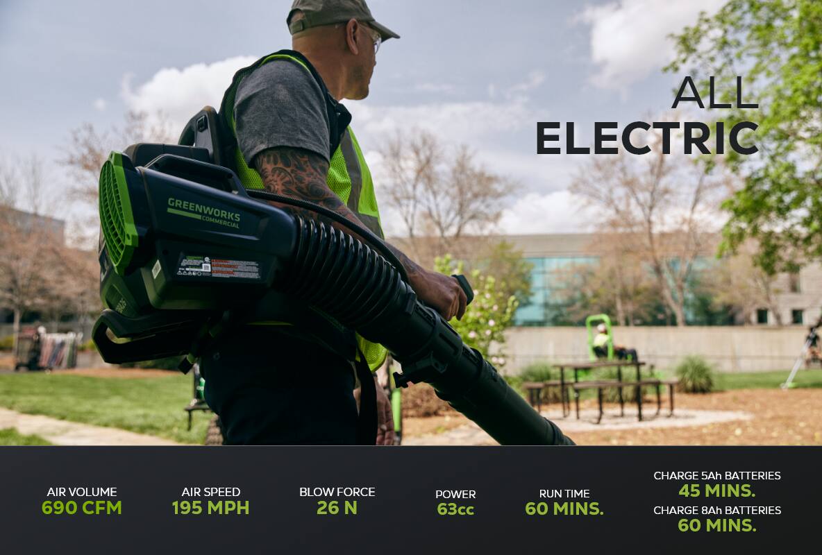 ALL ELECTRIC GREENWORKS COMMERCIAL P

- AIR VOLUME: 690 CFM
- AIR SPEED: 195 MPH
- BLOW FORCE: 26 N
- POWER: 63cc
- RUN TIME: 60 MINS
- CHARGE 5Ah BATTERIES: 45 MINS
- CHARGE 8Ah BATTERIES: 60 MINS