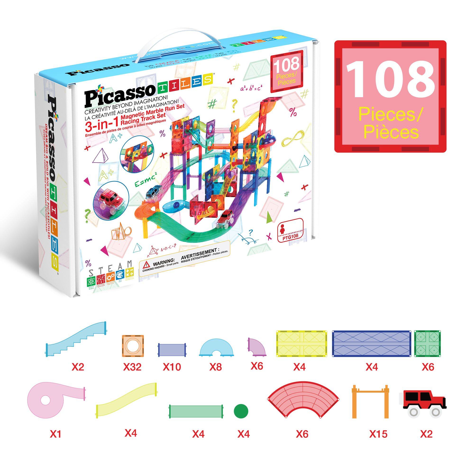 108 Picasso Pieces/ Pieces

Picasso BEYOND IMAGINATION! CREATIVITY AU-DELA Marble LA Magnetic Track Set 3-in-1 Racing

X2 X32 X10 X8 X6 X4 X4 X6 X1 X4 X4 X4 X6 X15 X2

WARNING: CHOKING HAZARD - Small parts. Not for children under 3 years. STEAM

Y- SNN .. Od  M 108 PicassO Pieces/ E S Pieces I L T Picasso BEYOND IMAGINATION! DE LIMAGINATION! Run Set # CREATIVIT CRATIVIT AU-DELA Marble % LA Magnetic Track Set 3-in-1 Racing a sdts prqr de oume DREAM de pietes Picasso Enoemole % A BUTERP A+ E=mc  MIPCATOR H SONLES H ? H....... PIG1OS 1