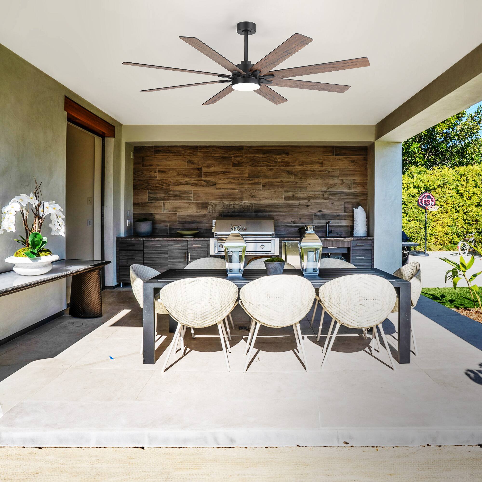 Angle. Breezary - 72-Inch LED Ceiling Fan - 8 ABS Blades, 24W LED Light, DC Motor, 6 Speeds, Remote Control, Timer, Downrod Installation - Black & Dark Walnut.