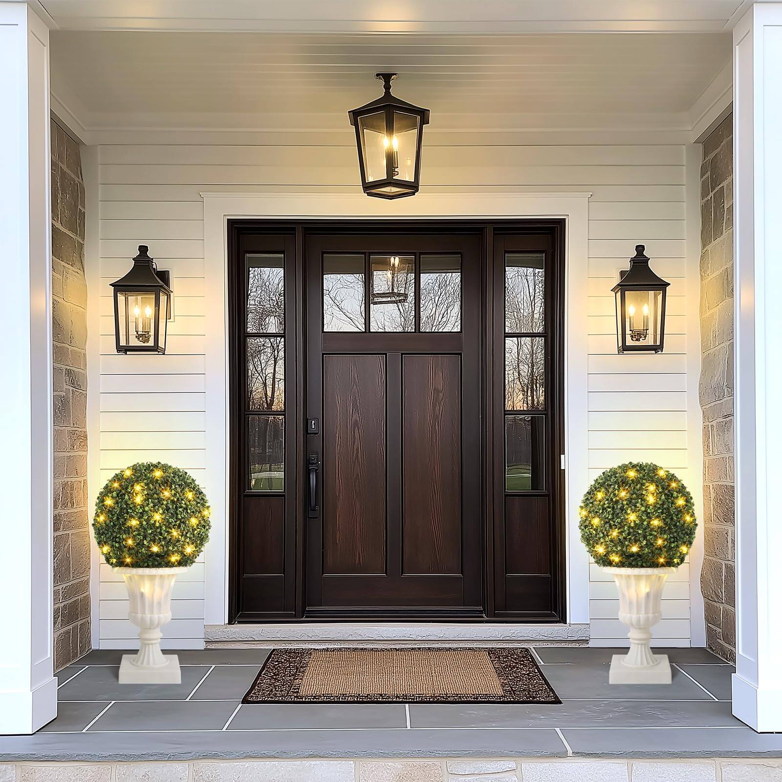 Left. Homhougo - 2 Pcs 16” Artificial Plant Topiary Ball, Pre-Lit Artificial Topiary Plant with Lights - Green.