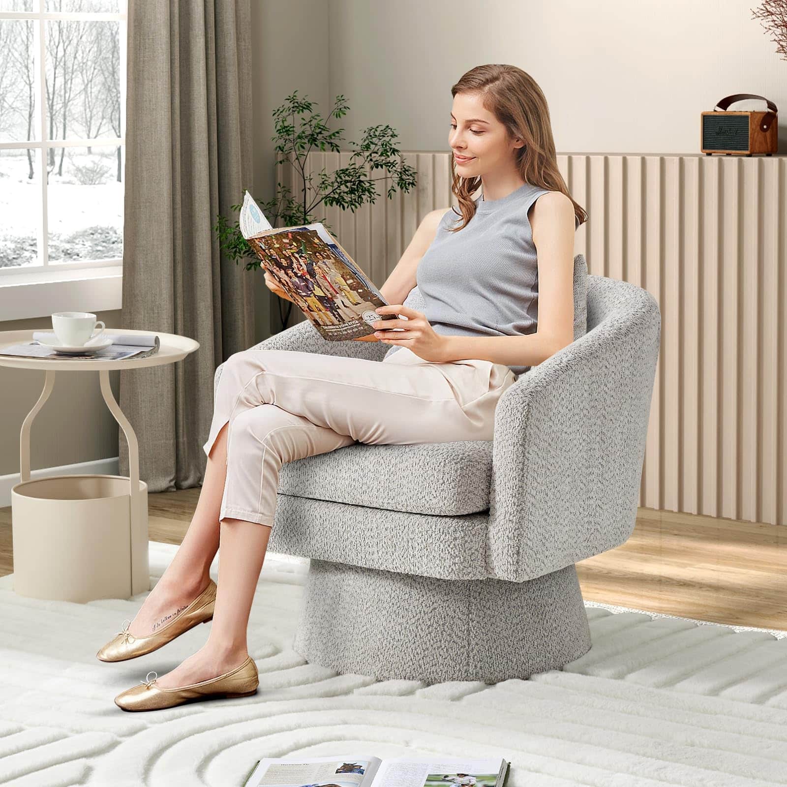 Babevy - 360°Swivel Accent Chair with Arms,Cozy Round Chenille Fabric and Soft Cushion Arm Chair - Light Gray