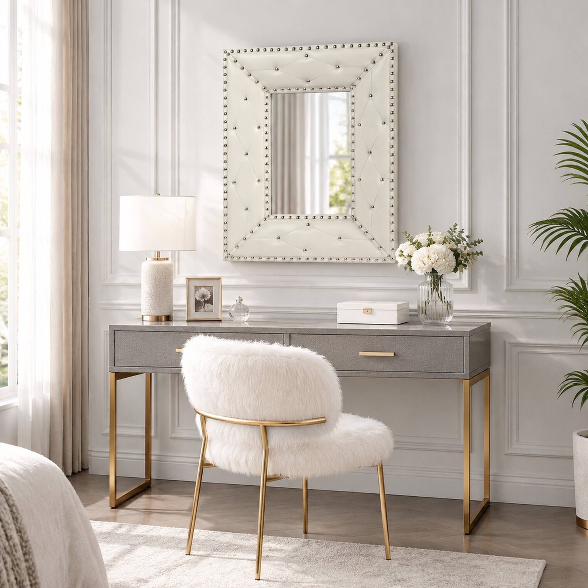 Alt View 2. RYHNUYNE - Rectangle Decorative Wall Mirror, 21x26 in, PU MDF Frame, Rivet Detail, Vanity and Entryway Decor - White.