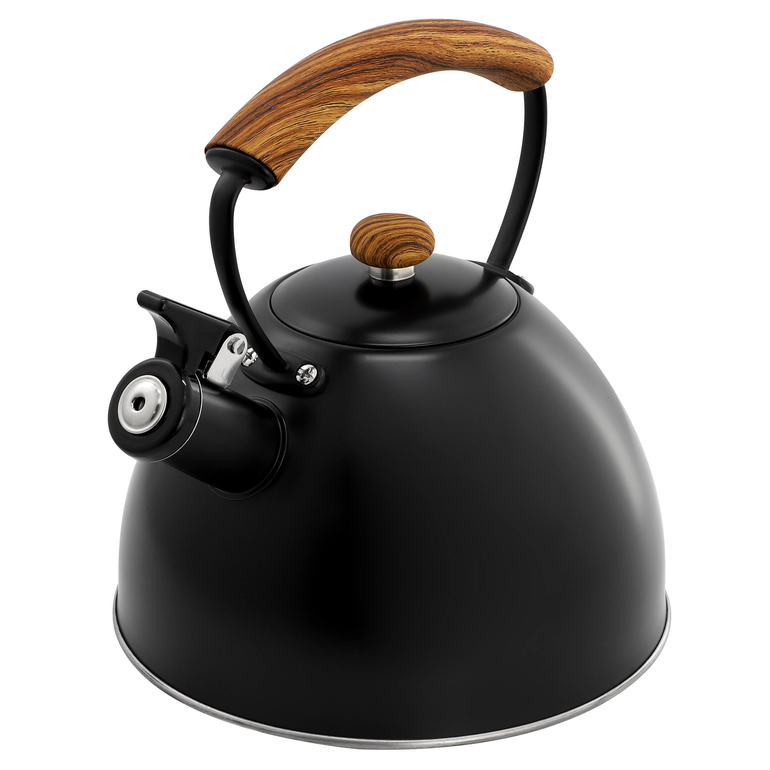 Angle. MegaChef - MegaChef 3.2 Quart Whistling Tea Kettle with Wood Grain Nylon Cool Touch Handle, Matte Black - Black.