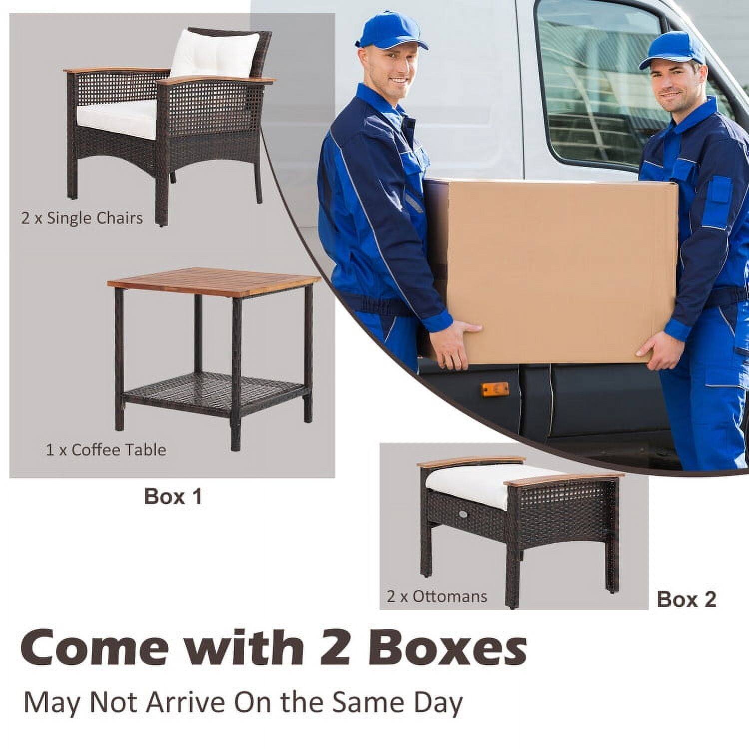 2 x Single Chairs  
1 x Coffee Table  
Box 1  

2 x Ottomans  
Box 2  

Come with 2 Boxes  
May Not Arrive On the Same Day