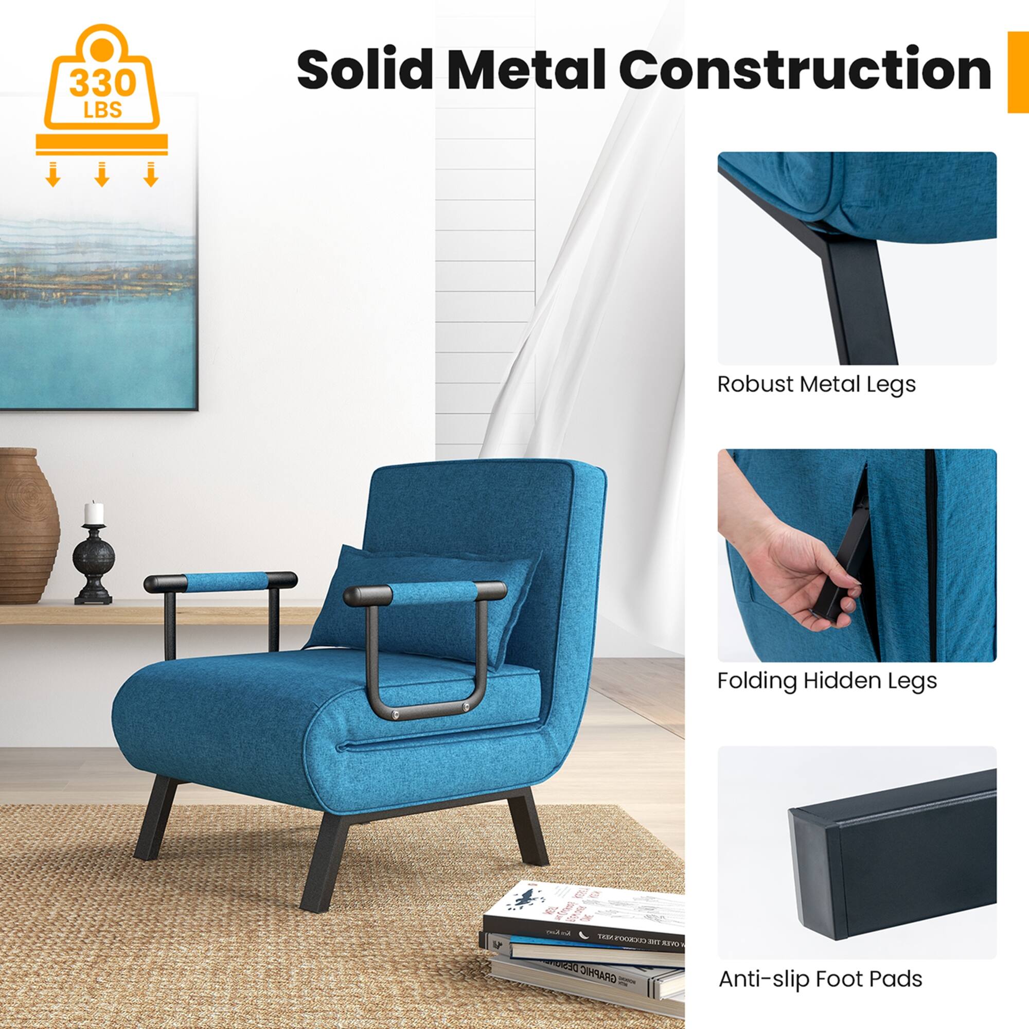 Solid Metal Construction

330 LBS

- Robust Metal Legs
- Folding Hidden Legs
- Anti-slip Foot Pads