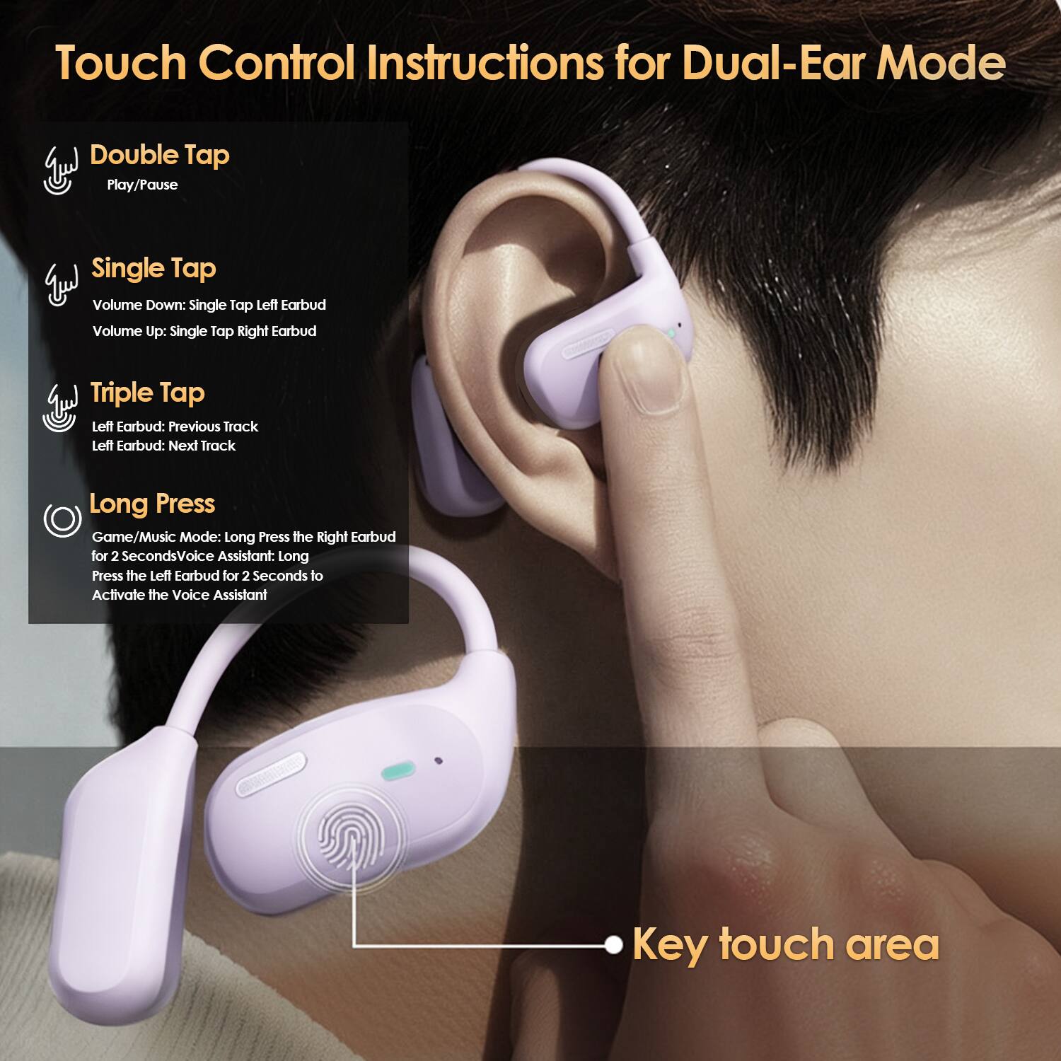 Touch Control Instructions for Dual-Ear Mode

- Double Tap: Play/Pause
- Single Tap:
  - Volume Down: Single Tap Left Earbud
  - Volume Up: Single Tap Right Earbud
- Triple Tap:
  - Left Earbud: Previous Track
  - Left Earbud: Next Track
- Long Press:
  - Game/Music Mode: Long Press the Right Earbud for 2 Seconds
  - Voice Assistant: Long press the Left Earbud for 2 Seconds to Activate the Voice Assistant

Key touch area