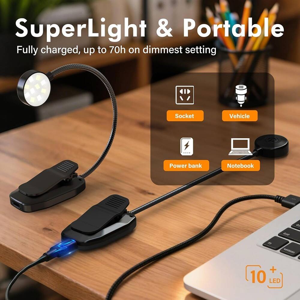 SuperLight & Portable  
Fully charged, up to 70h on dimmest setting  

Socket  
Vehicle  
Power bank  
Notebook  

10+ LED
