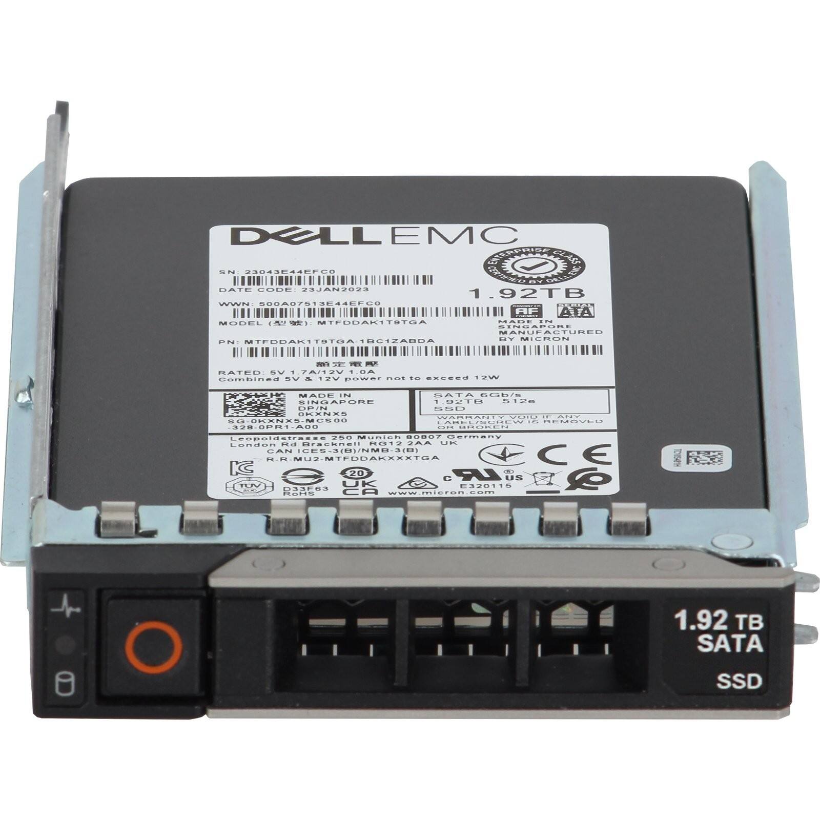 DELL EMC  
1.92TB  
SATA SSD  

SN: 23848E44EPUE  
BATE: 0ODE  
SJAN202A  
1.92TB  
MAN: 00A07513EH4EFC0  
FODAL  
MTFDDAKITSTOA  
ROE  
MODEL: MTFDDAKITSTOA  
MANUFACTURED BY: MICRON  
PN: MTFDDAKITSTOA-1801ZABUA  
MP: ATERI  
5V 1A/RV 18A  
Combined 5V & 12V power not to exceed 12W  

MADE IN SINGAPORE  
19212  
512e  
DPIN: 5L  
ORENES  
CCRNIY  
SG.OKXNXS-MCS00  
MESOO  
378-8PR1.A0U  
Leopoldstrasse 250  
Munich 0807  
Germany  
London  
BrSUhomi  
210  
VAA  
LB  
DAN  
CANICES-3(B)/N