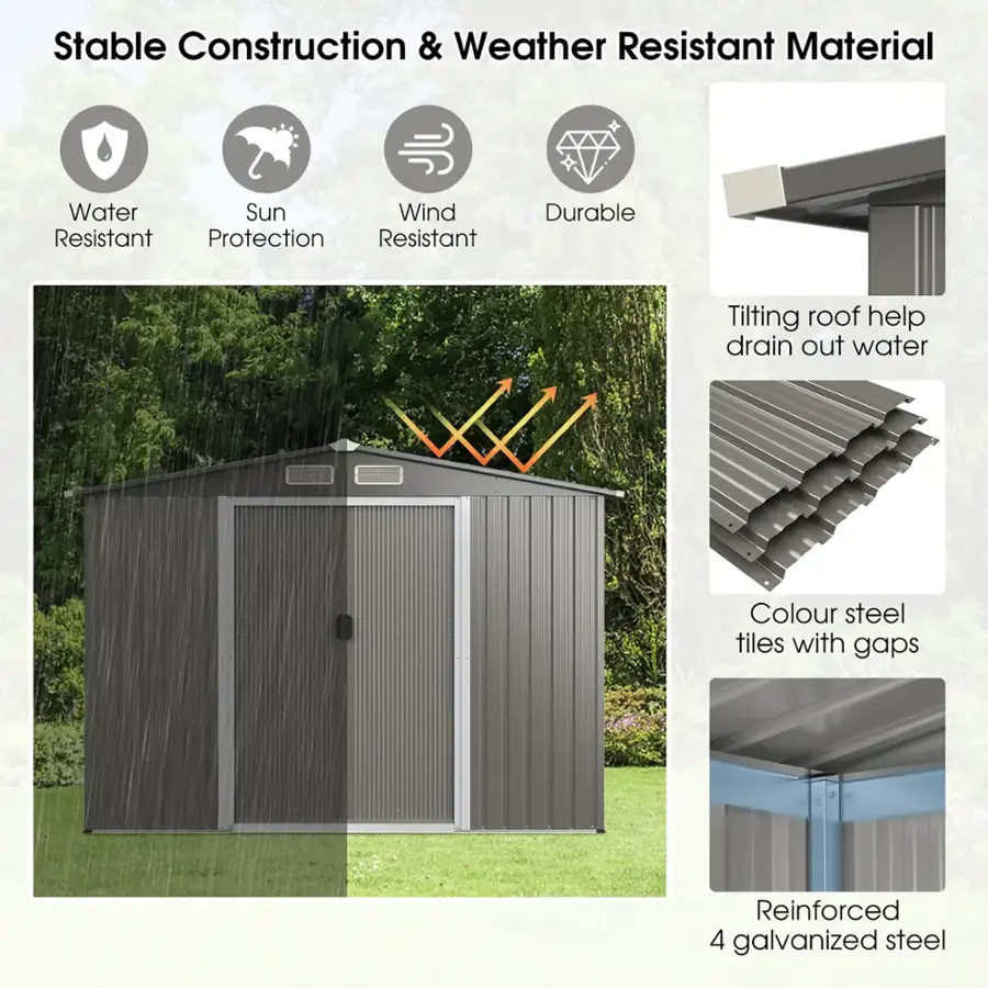 Stable Construction & Weather Resistant Material:

* Water Resistant Protection
* Sun Resistant
* Wind Resistant
* Durable
* Tilting roof to help drain out water
* Colour steel tiles with gaps
* Reinforced with 4 galvanized steel