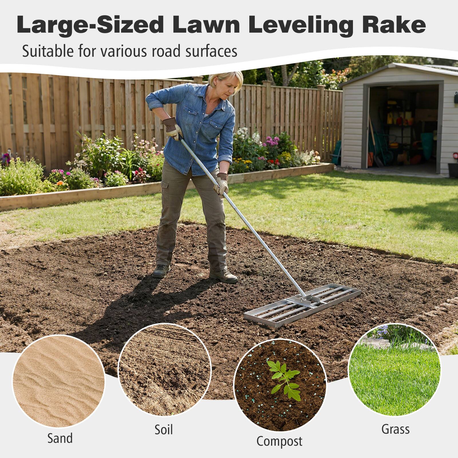 Large-Sized Lawn Leveling Rake  
Suitable for various road surfaces  
Sand  
Soil  
Compost  
Grass