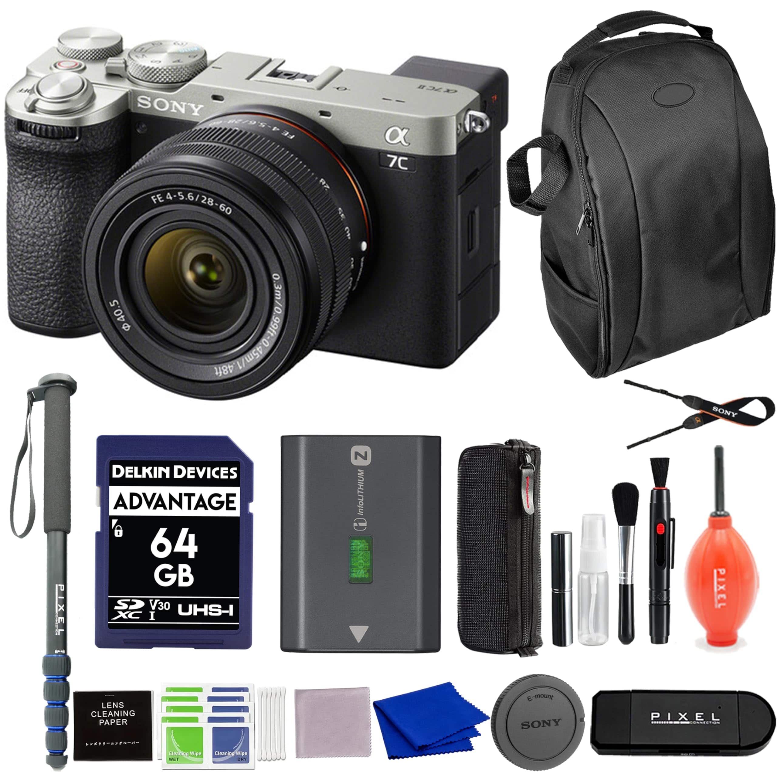 Sony - Alpha 7C II Full-Frame Camera with 28-60mm Lens (Silver) Bundle with Backpack, Monopod & More