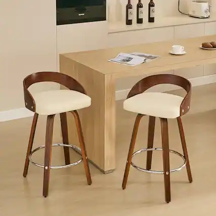 Front. HTUTWOO - Bar Stools Set of 2, 360° Swivel Barstools, Mid Century Counter Height Chairs with PU Upholstered for Kitchen Island - Beige.