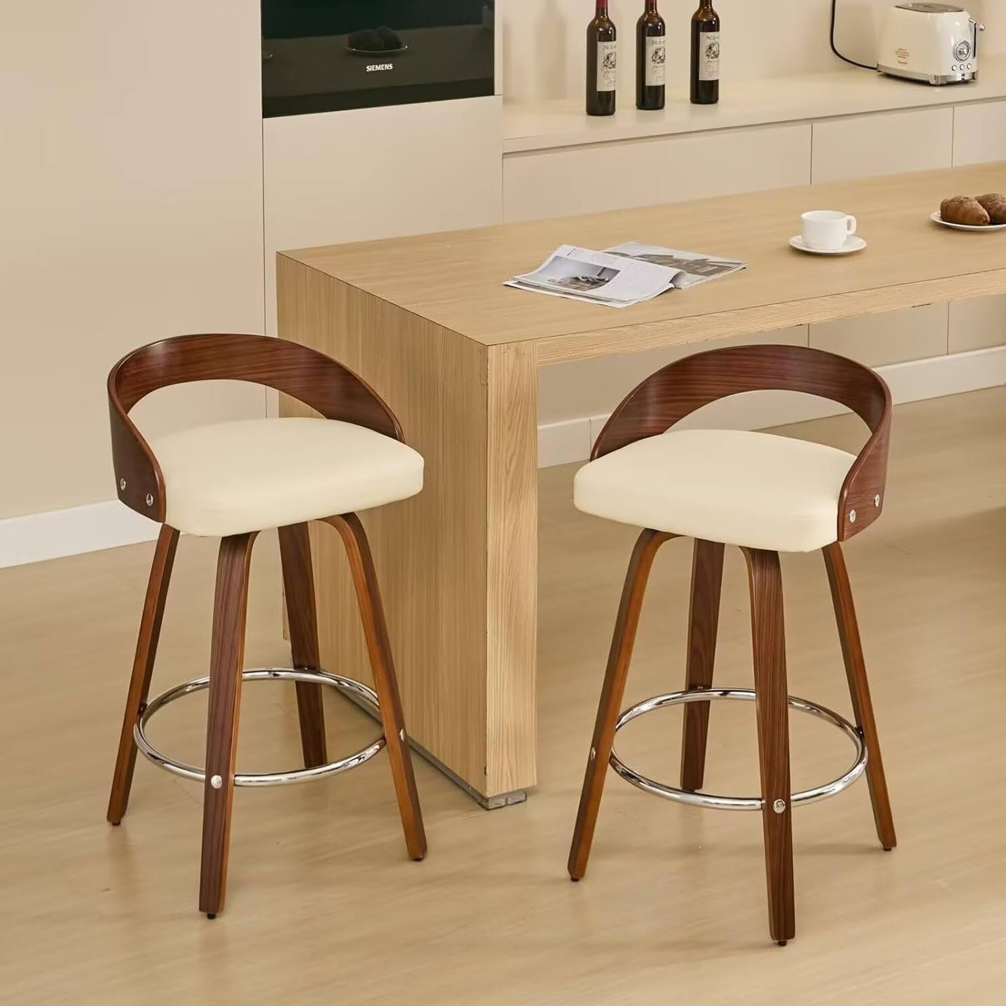 Front. HTUTWOO - Bar Stools Set of 2, 360° Swivel Barstools, Mid Century Counter Height Chairs with PU Upholstered for Kitchen Island - Beige.