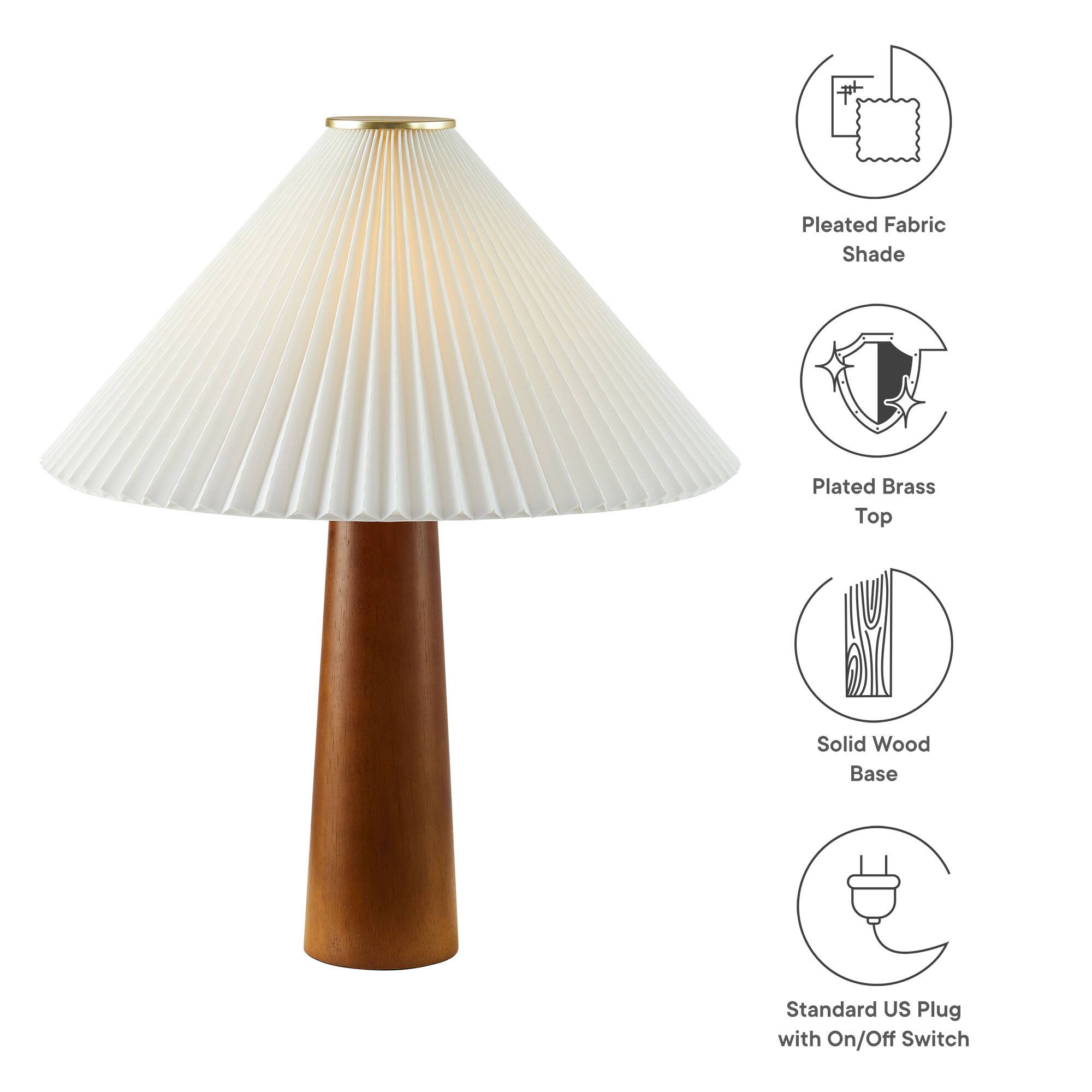Pleated Fabric Shade  
Plated Brass Top  
Solid Wood Base  
Standard US Plug with On/Off Switch