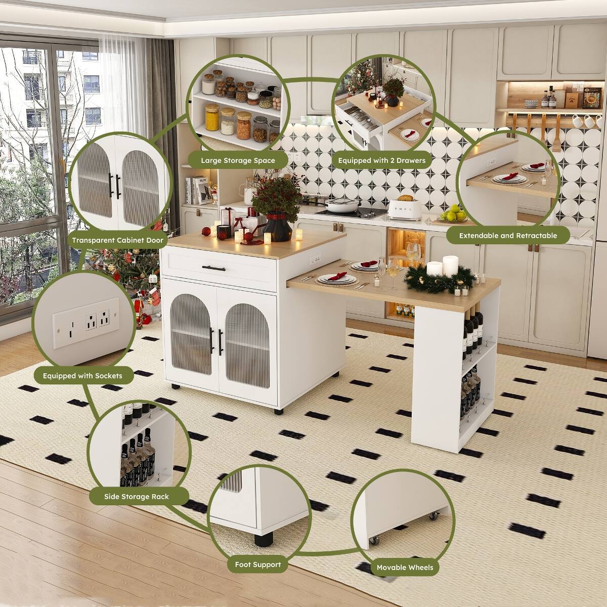 Large Storage Space  
Equipped with 2 Drawers  
Transparent Cabinet Door  
Extendable and Retractable  
Equipped with Sockets  
Side Storage Rack  
Foot Support  
Movable Wheels