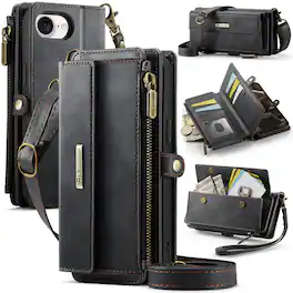 Dteck - Wallet Case for Apple iPhone 16e/17e, Leather Shockproof Card Slots Zipper Pocket Cover With Shoulder Strap+Lanyard - Black
