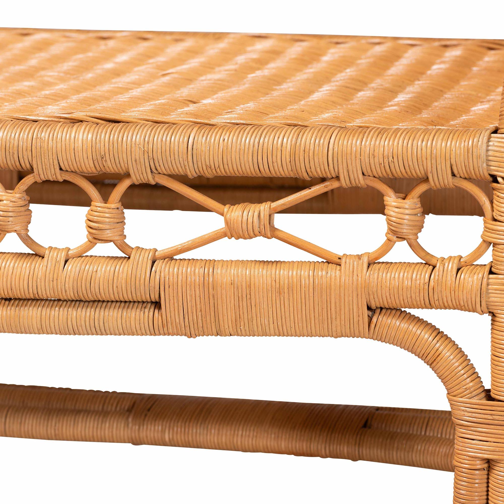 Back. bali & pari - Ayala Natural Rattan Accent Bench - Handwoven Wicker Accent Seating with Decorative Apron and Integrated Handles - Light Honey.