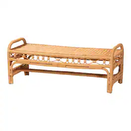 bali & pari - Ayala Natural Rattan Accent Bench - Handwoven Wicker Accent Seating with Decorative Apron and Integrated Handles - Light Honey