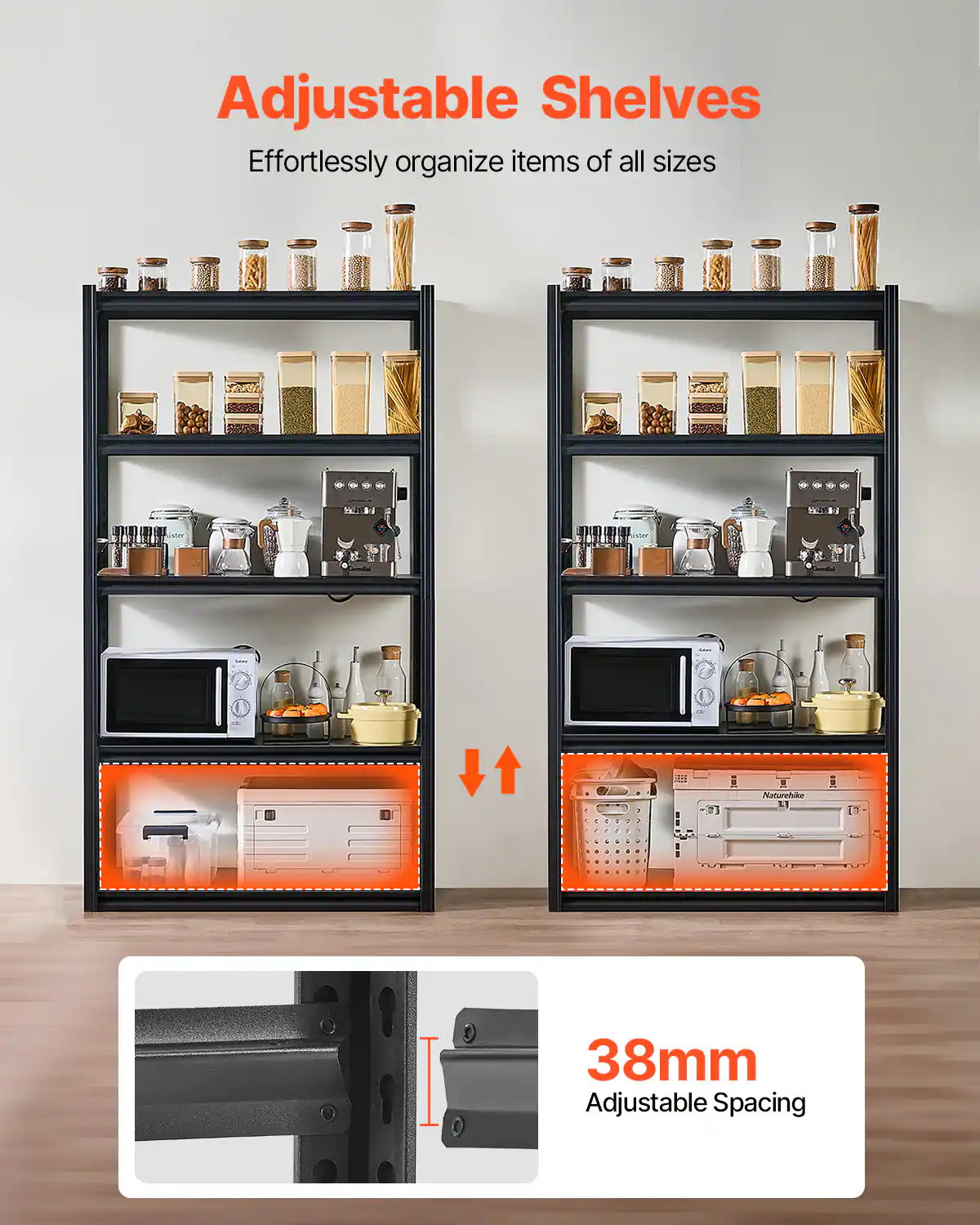 Adjustable Shelves, Effortlessly organize items of all sizes, 38mm Adjustable Spacing
