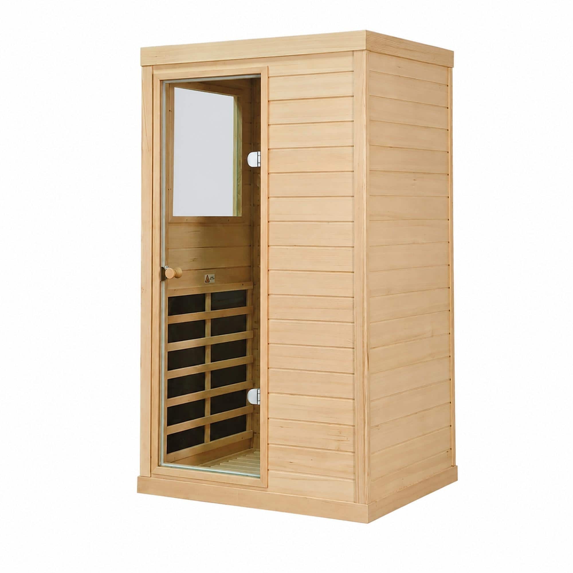 RYHNUYNE - One Person Far Infrared Sauna, Canadian Hemlock Wood, Left-Hinged Door, Indoor Home Spa, 6 Heating Panels, Bluetooth - Natural Wood
