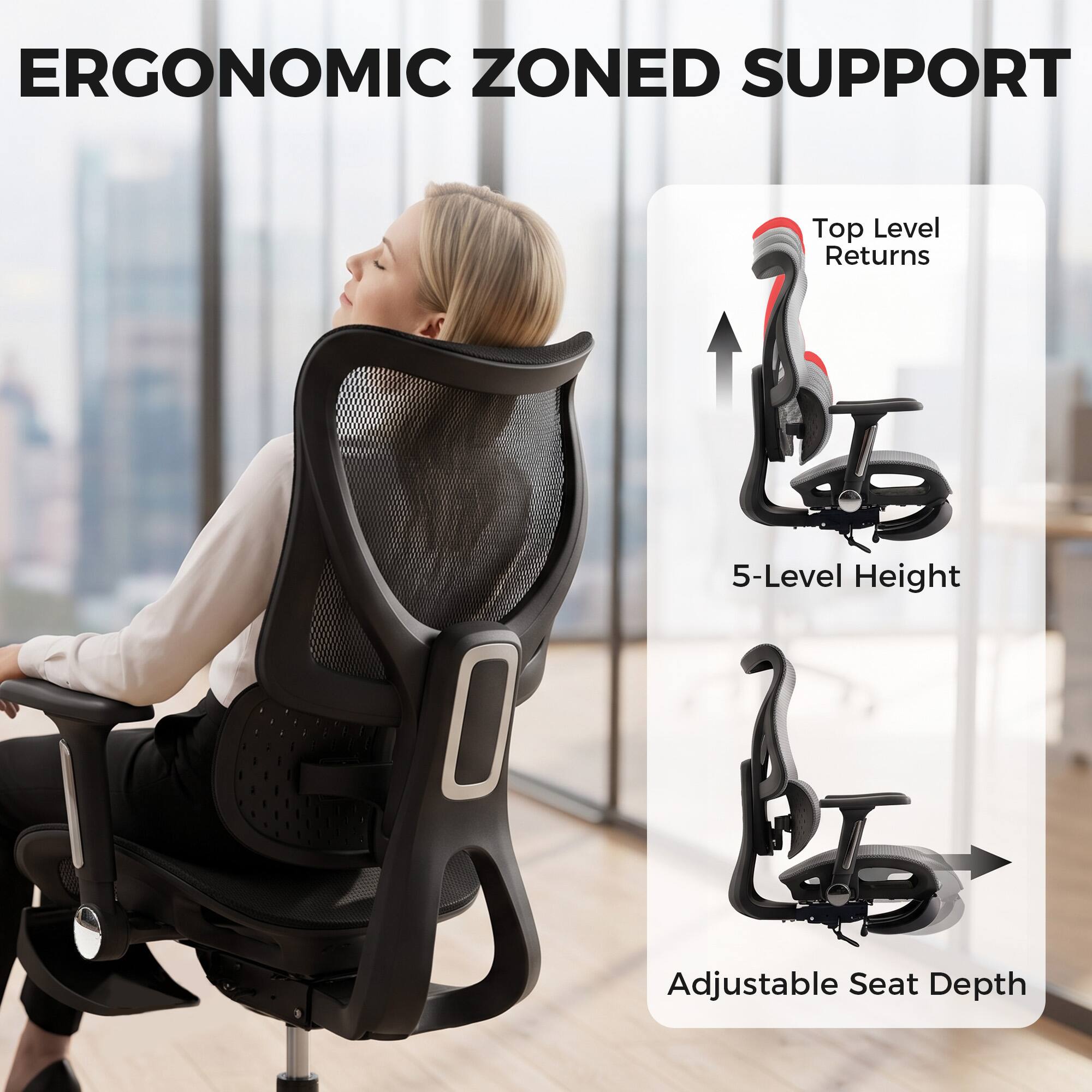 ERGONOMIC ZONED SUPPORT

- Top Level Returns
- 5-Level Height
- Adjustable Seat Depth