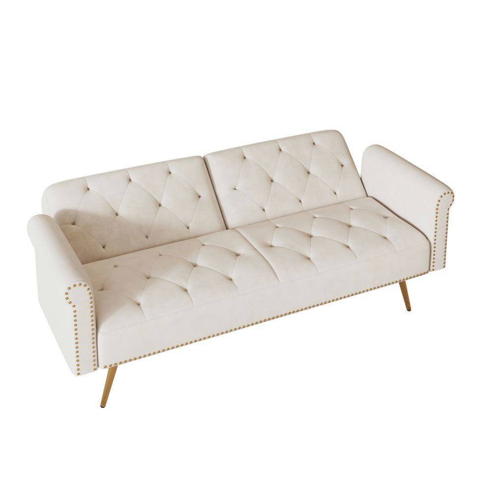 Alt View 2. Resenkos - 69.7" Velvet Sofa Bed with Nail Head Trim & Matching Throw Pillow - Beige.