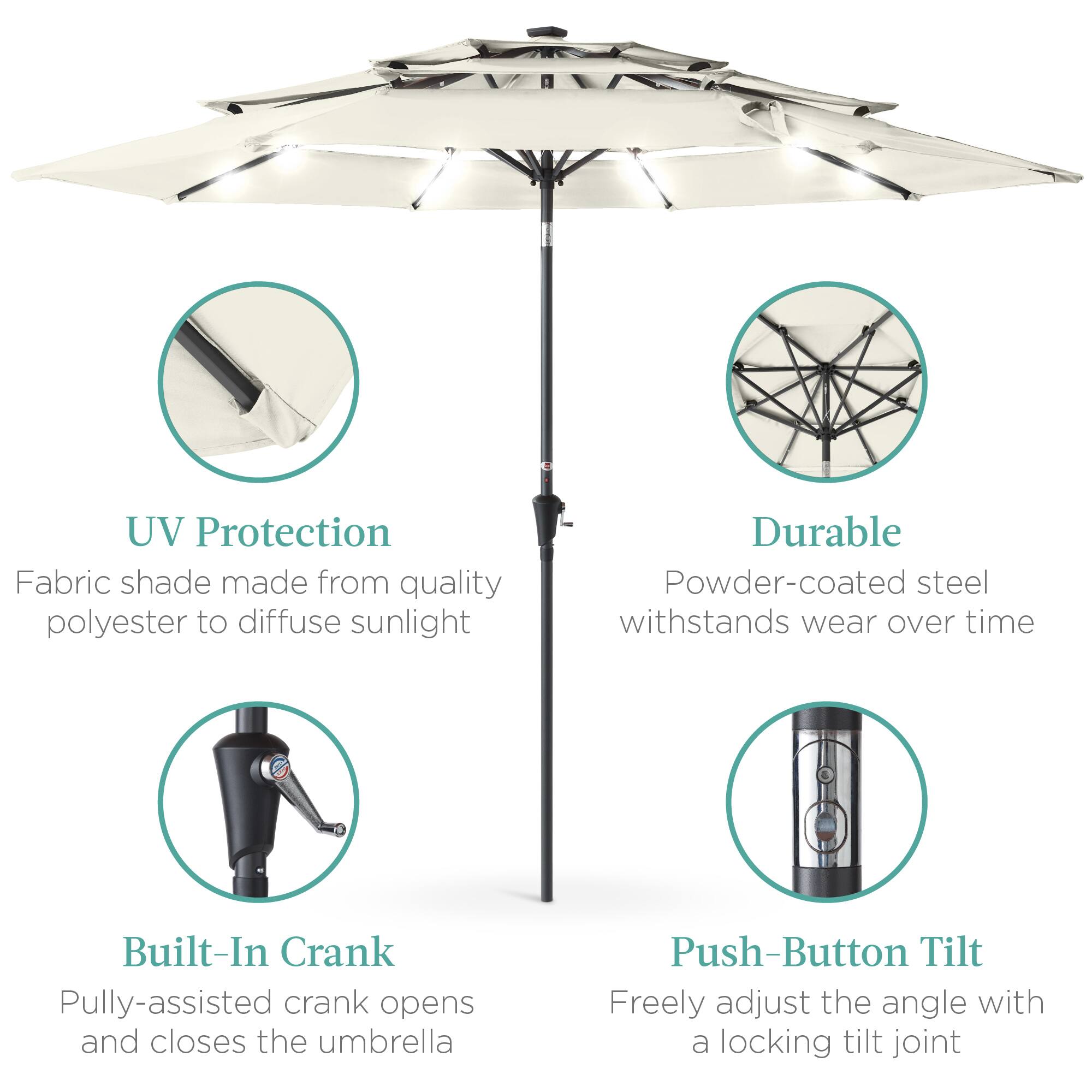 - UV Protection  
  Fabric shade made from quality polyester to diffuse sunlight

- Durable  
  Powder-coated steel withstands wear over time

- Built-In Crank  
  Pully-assisted crank opens and closes the umbrella

- Push-Button Tilt  
  Freely adjust the angle with a locking tilt joint