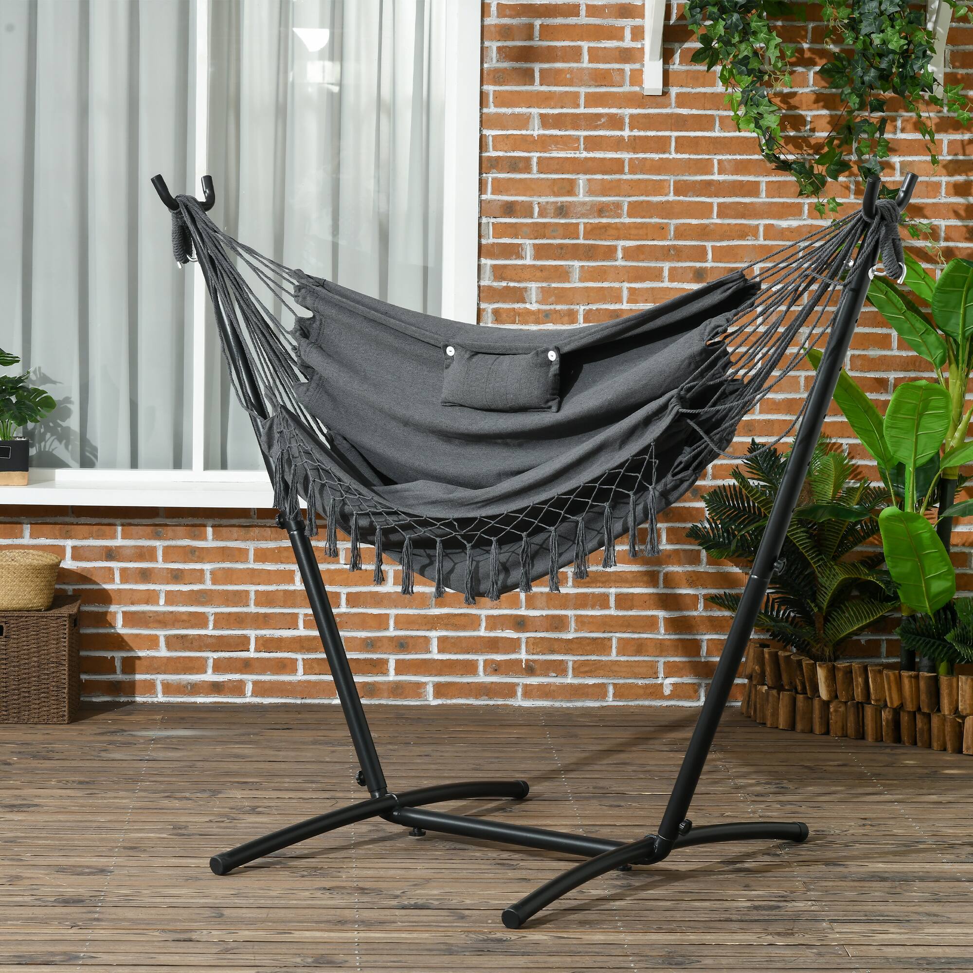 Alt View 1. Outsunny - Shape Stand Hammock Chair, Headrest Include Hammock Swing - Dark Gray.