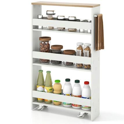 Front. Kadyn - Rolling Kitchen Slim Storage Cart Mobile Shelving Organizer with Handle-White, Kitchen Island, Island Table for Kitchen - White.