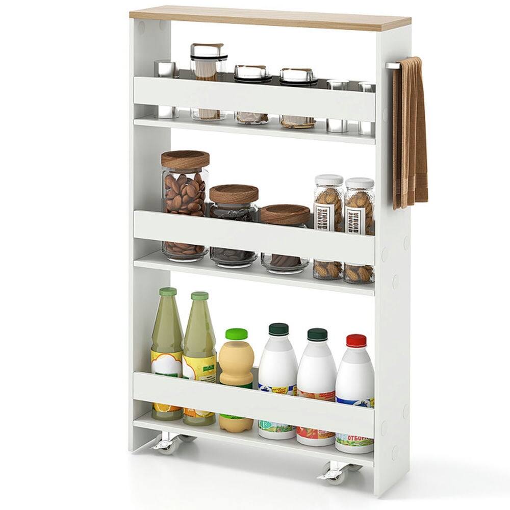 Front. Kadyn - Rolling Kitchen Slim Storage Cart Mobile Shelving Organizer with Handle-White, Kitchen Island, Island Table for Kitchen - White.